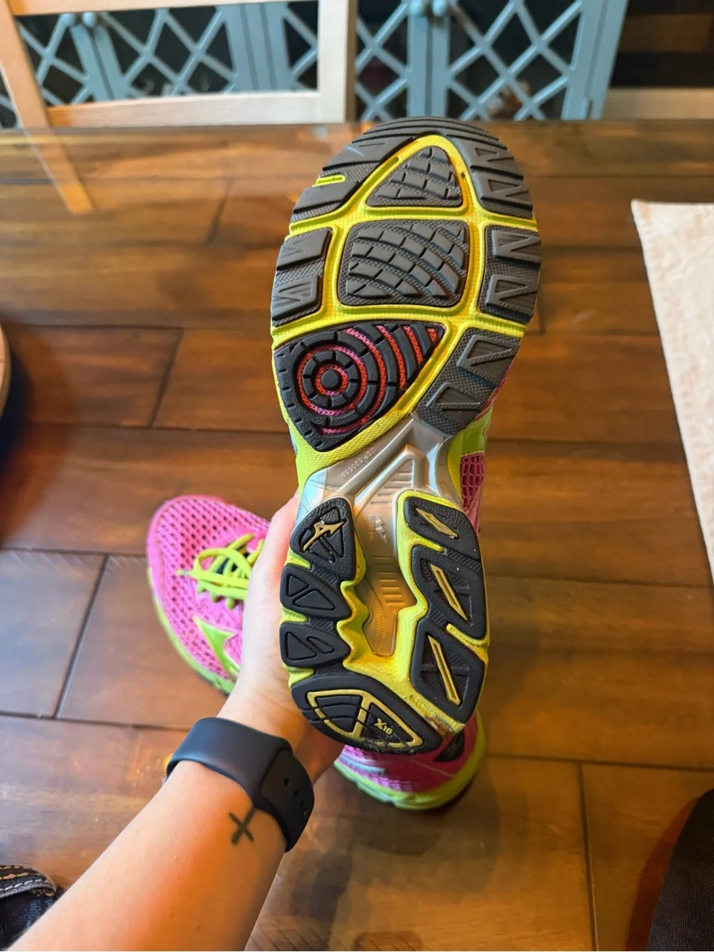 Mizuno Womens Pink and Neon Green Mesh Running Shoes